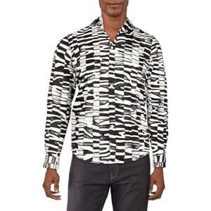 INC Men's Zion Button Down Collar Shirt Cotton Animal Print Black White Size XS